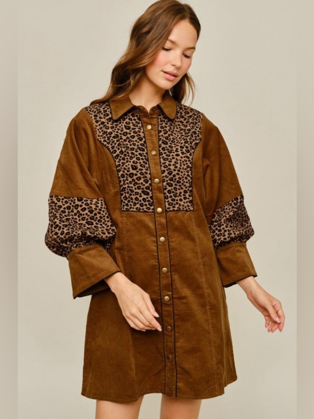 Brown corduroy bubble sleeve leopard trim boho western midi maxi dress